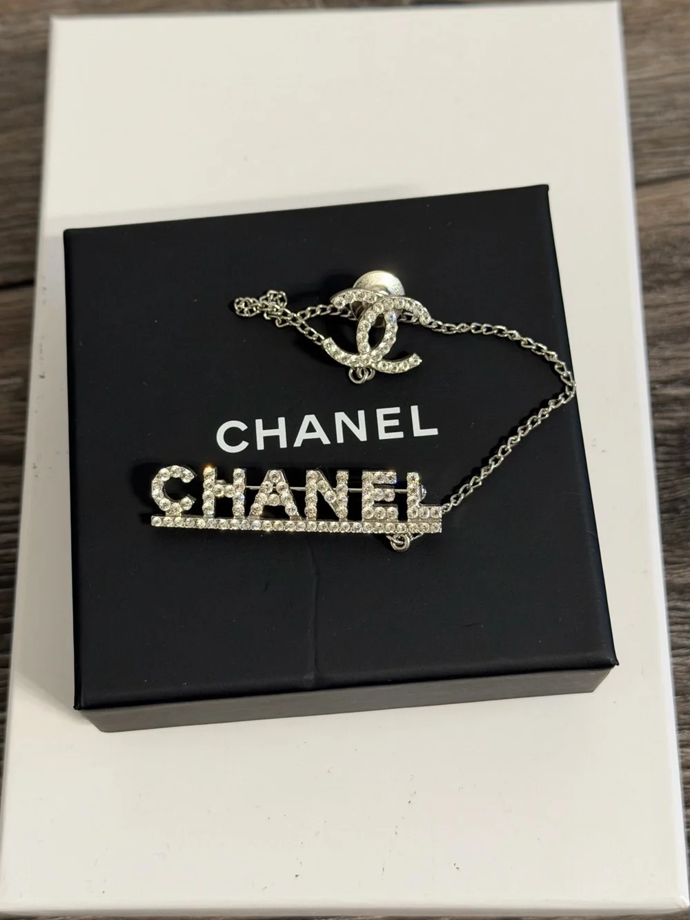 Chanel Silver Crystal CC Chain Pin Brooch